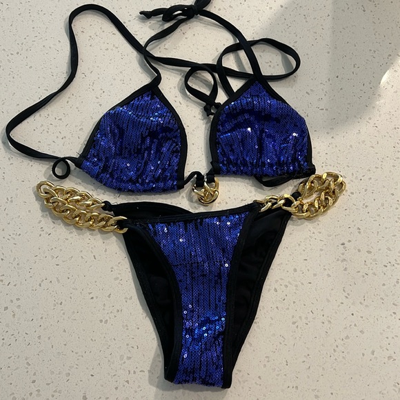 Swim Navy Blue Sequin Bikini With Gold Chains Poshmark